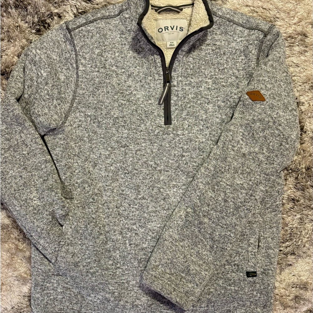 Orvis Pullover Mens M Sherpa Lined Quarter Zip Sweater Pockets Warm Cozy